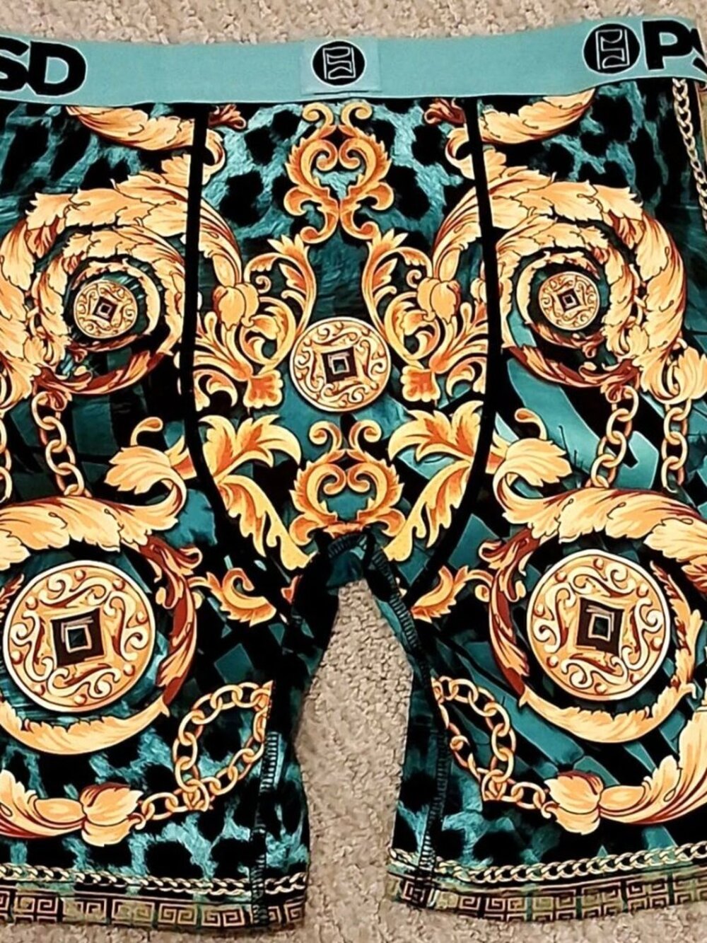 PSD Boxer Briefs Mens Medium M Regal Cheetah Aqua Blue Gold Chain NWT